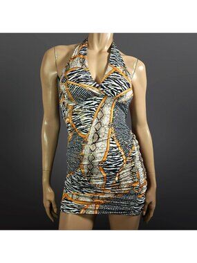 Y2K Micro Mini Halter Dress Size S Animal Snake Print Gold Glitter Baroque